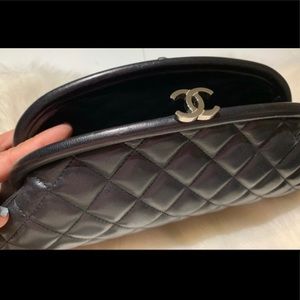 Quilted Silver Lambskin Leather Black Clutch